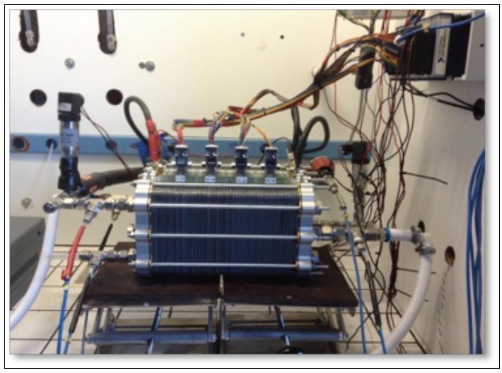 picture of polymer electrolyte fuel cell stack prototype under testing