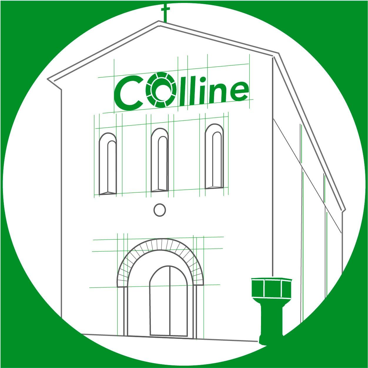 Logo progetto Colline che richiama l’utilizzo di materiali e tecnologie green su uno dei casi studio del progetto: la Basilica di San Francesco alla Rocca di Viterbo.