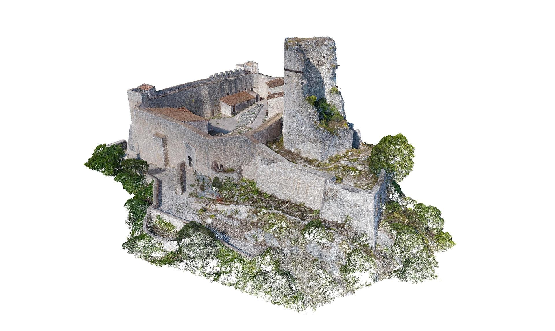 La figura mostra la ricostruzione in 3D come nuvola di punti di Rocca Janula, secondo caso di studio, ottenuta dal rilievo fotogrammetrico digitale da drone.