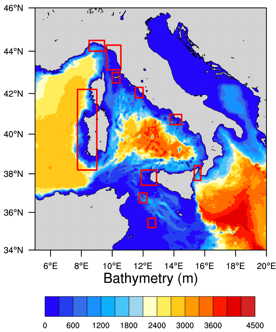 Fig. 1   Batimetria utilizzata dal modello di onde nella zona intorno all’Italia e indicazione dei sottobacini su cui sono disponibili previsioni ad alta risoluzione