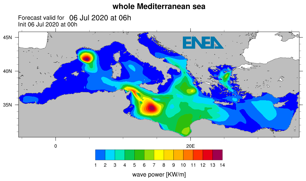 Fig. 2   Esempio di previsione per le ore 6 del 6 luglio 2020 della potenza delle onde per tutto il Mediterraneo tratta dalla pagina web    https://giotto.casaccia.enea.it/waves/ 