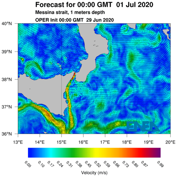 Fig. 3   Esempio di previsione di circolazione a 1 m di profondità per l’area dello stretto di Messina tratta dalla pagina web    https://giotto.casaccia.enea.it/MITO/ 