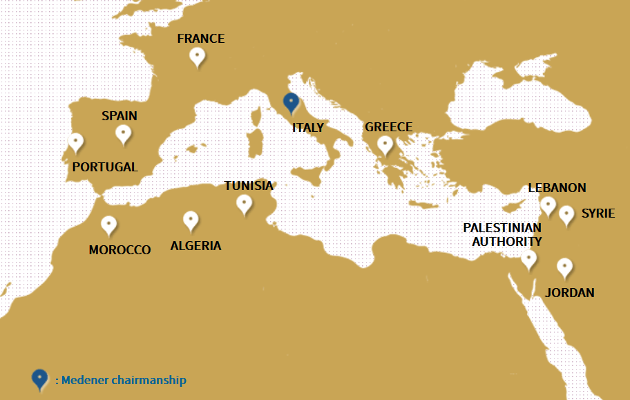 Fig. 1   Paesi membri di MEDENER:  Algeria, Francia, Giordania, Grecia, Italia, Libano, Malta, Marocco, Palestina, Portogallo, Siria, Spagna, Tunisia