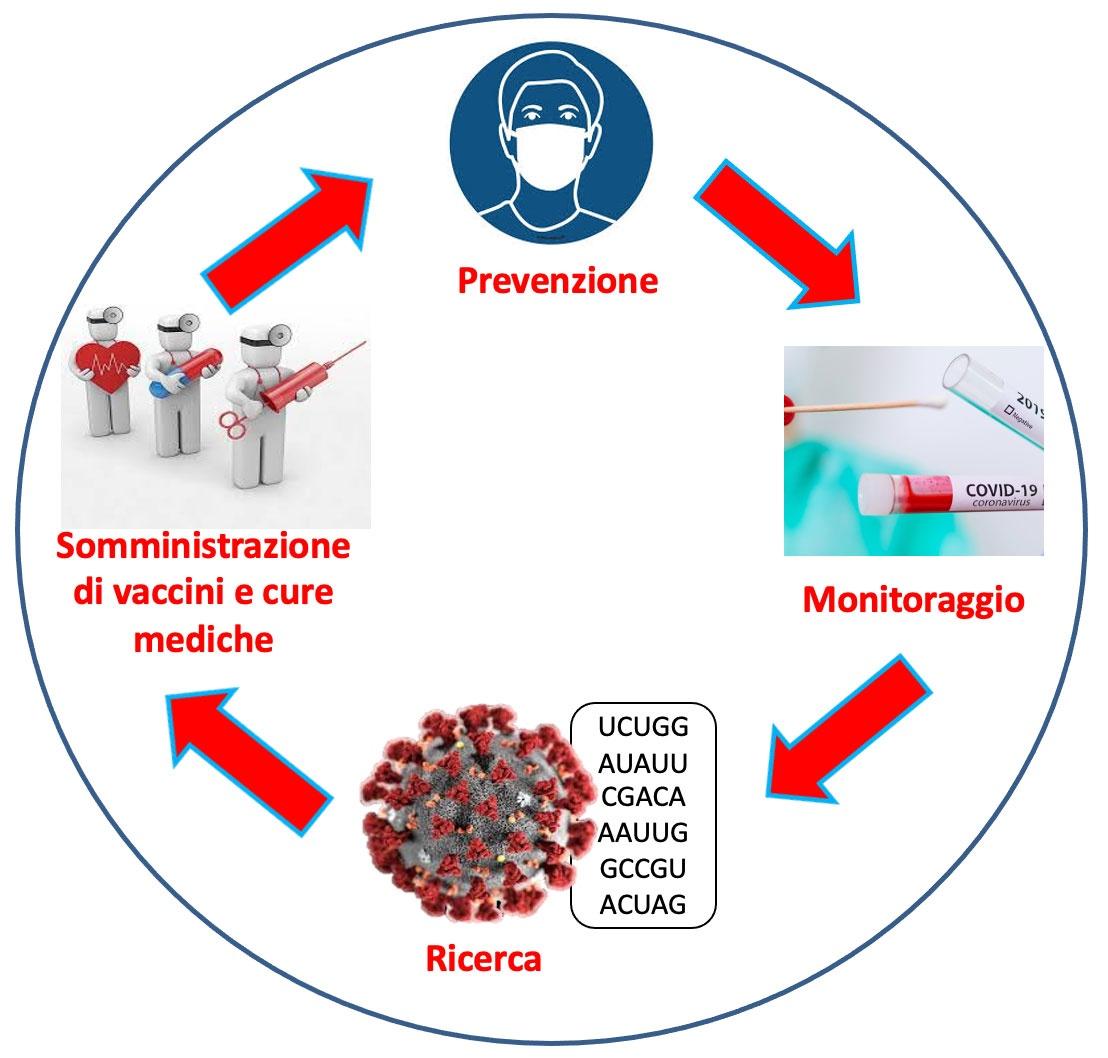 In questa figura viene illustrato come si può affrontare la pandemia in modo sostenibile, cioè  applicando: prevenzione-monitoraggio-ricerca-vaccini. La prevenzione attraverso l’utilizzo delle mascherine per proteggere se stessi e gli altri;  il monitoraggio che aiuta ad individuare le persone colpite dal virus SARS-CoV-2 in modo da evitare che ne contagino altre; la ricerca che contribuisce a scoprire le caratteristiche del nuovo Coronavirus, cioè come è fatto e come fa ad infettare le persone e le cure mediche e l’utilizzo dei vaccini che aiutano proteggerci e a curarci dall’infezione.