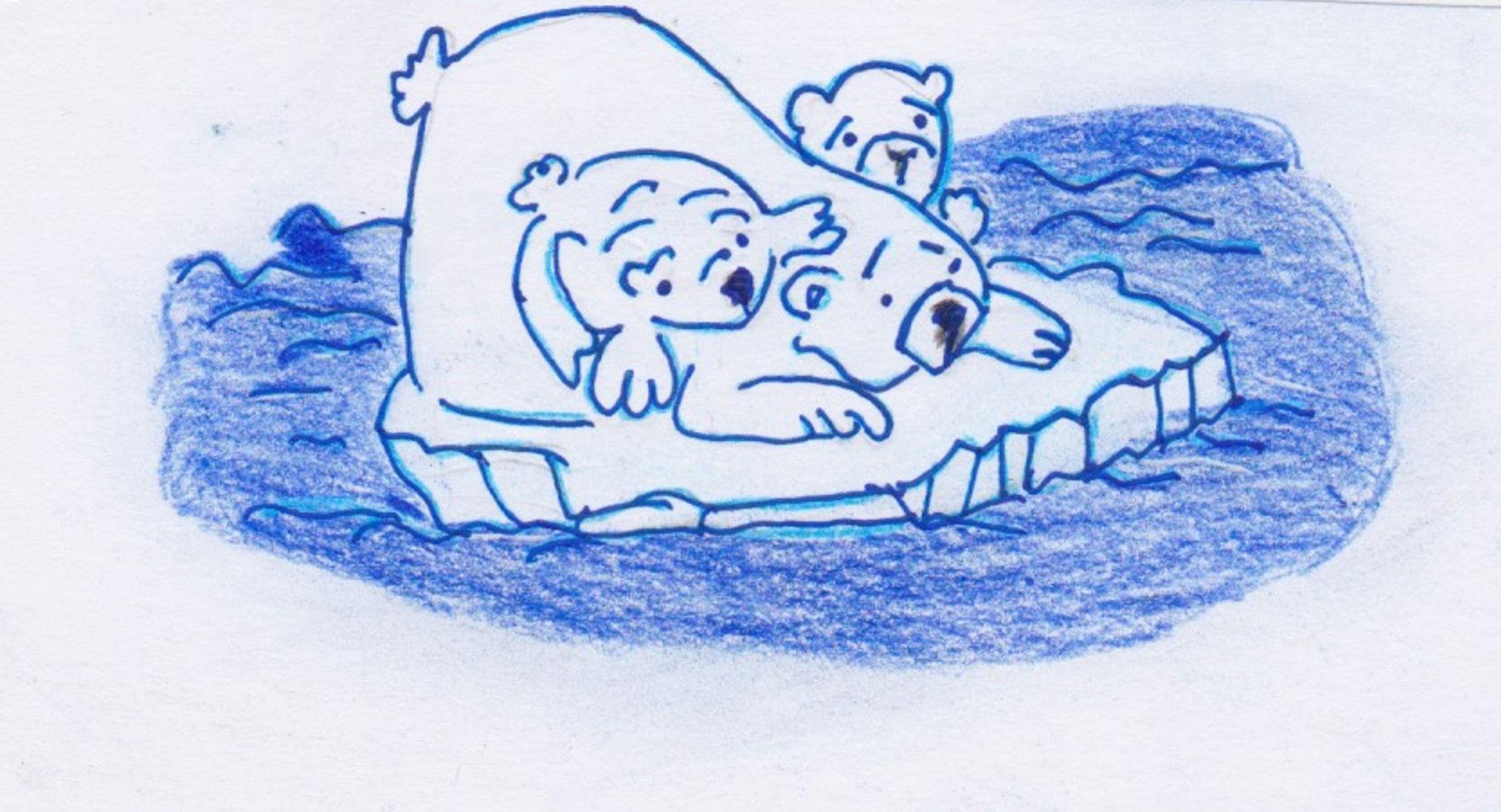 Il disegno raffigura un orso polare con due cuccioli, dall’espressione triste, su una piccola piattaforma di ghiaccio che si sta sciogliendo nel mare