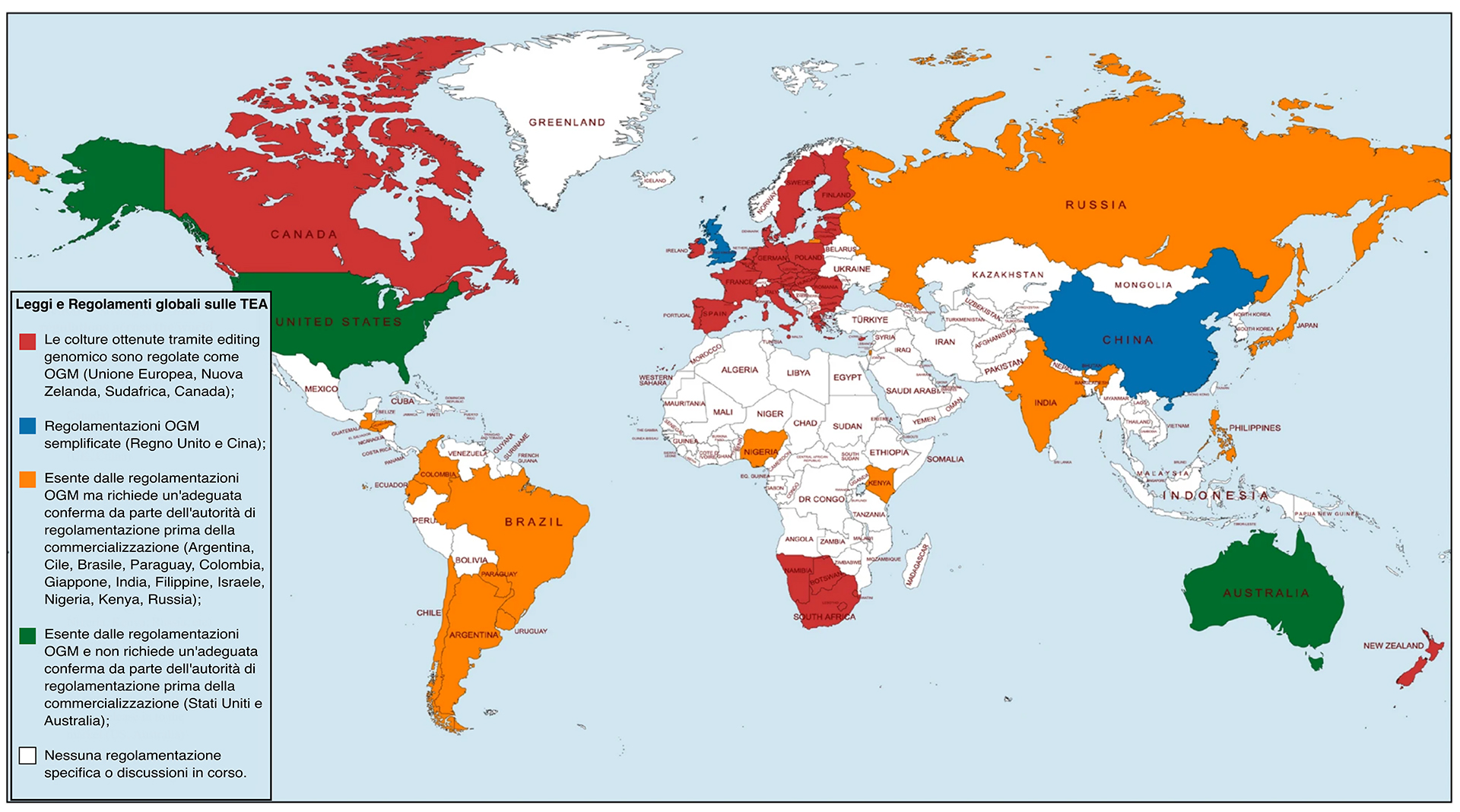 Mappa che mostra la situazione attuale della legislazione mondiale riguardo alle Tecnologie di Evoluzione Assistita, note anche come tecniche di genome editing applicate alle piante. I Paesi sono colorati in base al loro approccio normativo: alcuni hanno regolamenti favorevoli e permettono l’uso controllato di queste tecnologie, altri le trattano come organismi geneticamente modificati (OGM) e le sottopongono a norme più restrittive, mentre in altri Stati la regolamentazione è ancora in fase di sviluppo o non è definita. L’immagine rappresenta un aggiornamento allo stato di settembre 2023 ed è adattata da: Vora Z. et al., The evolving landscape of global regulations on genome-edited crops.