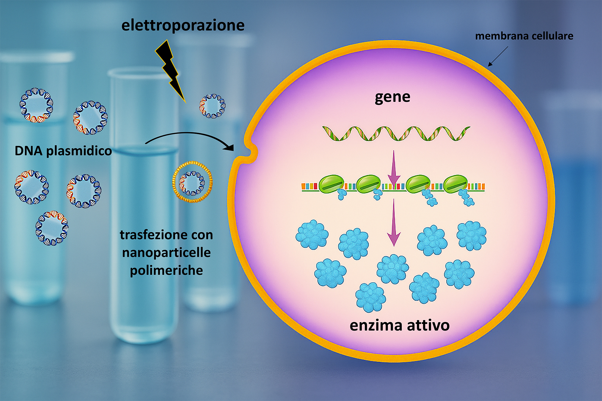 Rappresentazione grafica di una cellula che riceve un plasmide contenente il gene terapeutico d’interesse tramite nanoparticelle o elettroporazione; il DNA entra nella cellula e consente la successiva produzione di un enzima attivo.