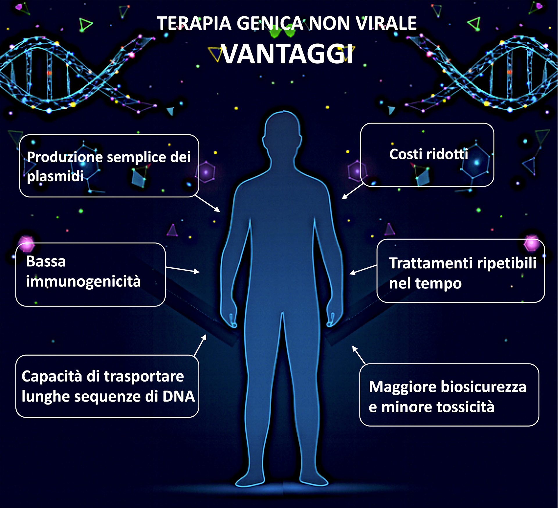 Immagine che evidenzia i vantaggi della terapia genica non virale quali: la maggiore sicurezza, la minore immunogenicità, la possibilità di ripetere i trattamenti, la capacità di trasportare DNA di grandi dimensioni, la produzione più semplice e i costi ridotti.