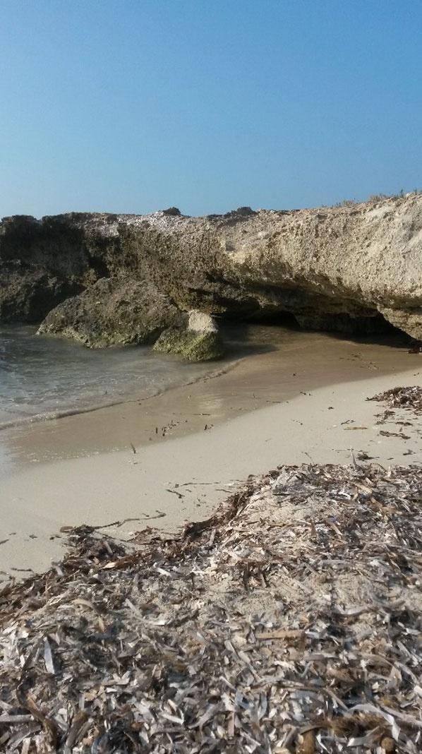 Piccolo tratto di spiaggia delimitato da scogli e ricoperto da residui di posidonia spiaggiata